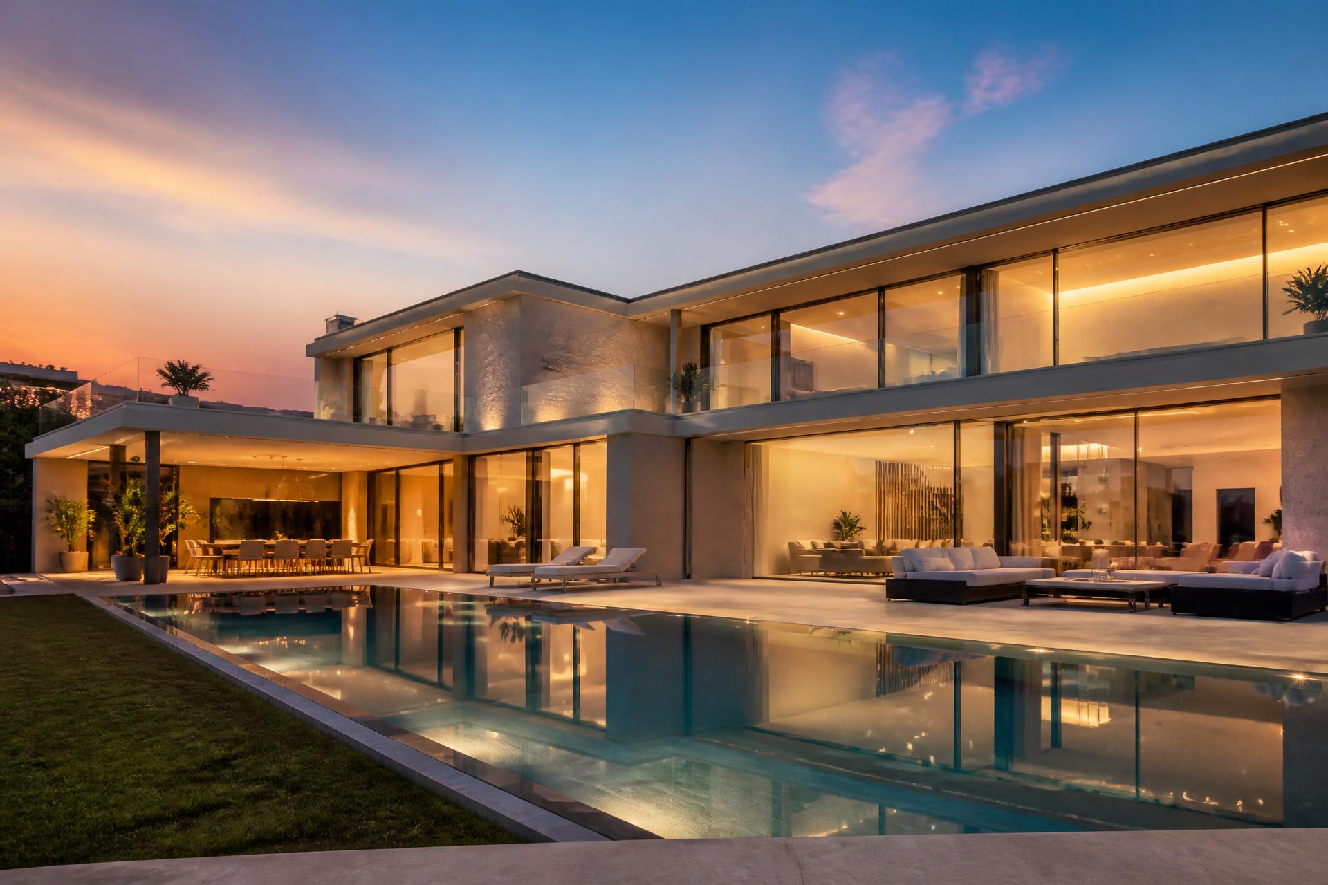 Moderne Luxusvilla in der Abenddämmerung